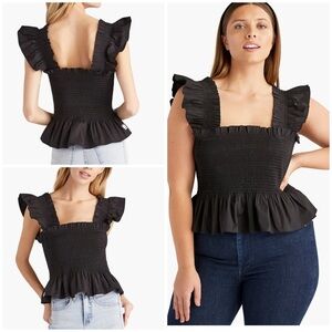 EUC Hill House The Paz Nap Cotton Black Smock Ruffle Peplum Tank Blouse L​​​